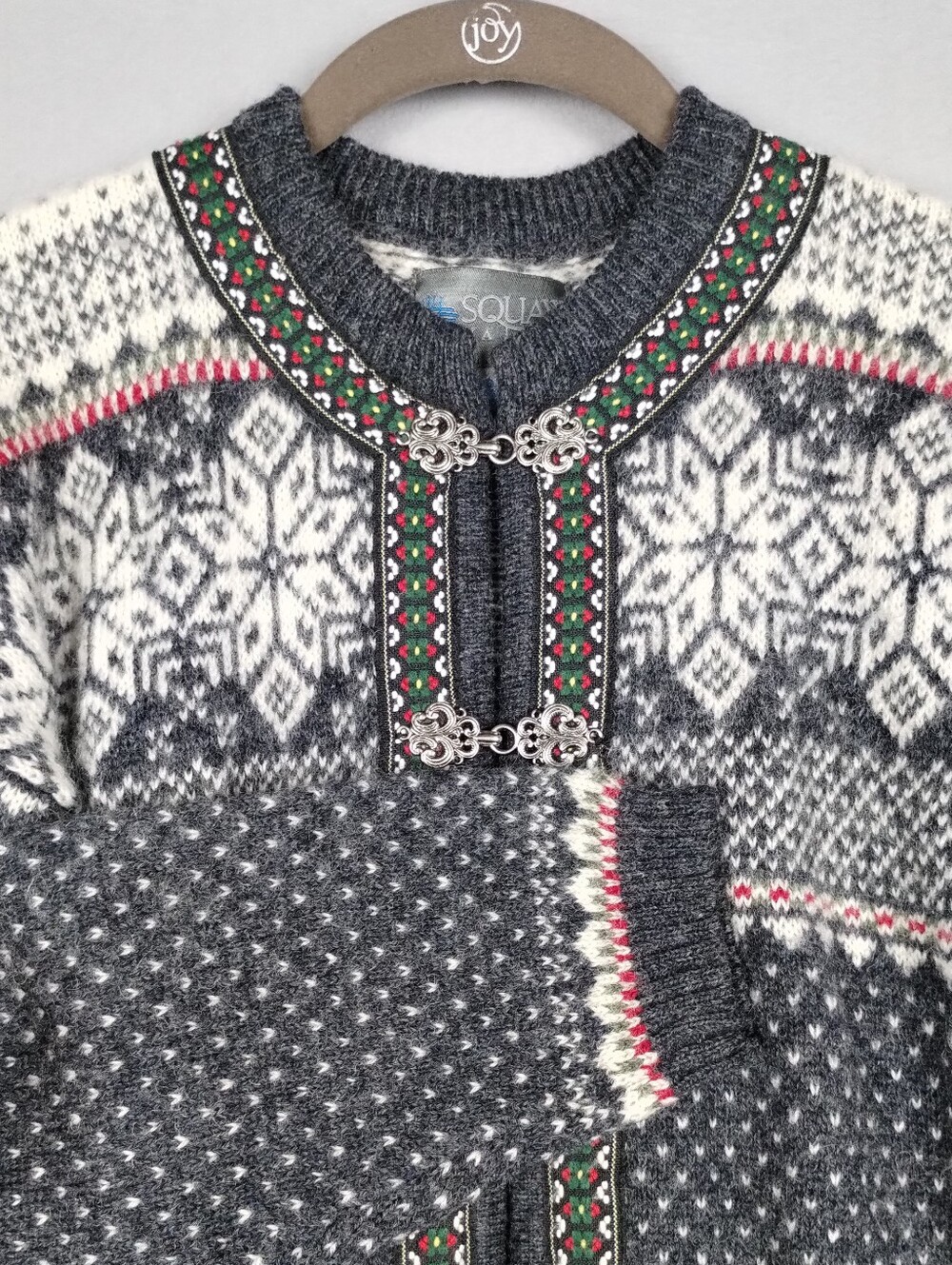 Vintage Nordic Style Wool Cardigan Snowflake Ornate Metal Hook Closure Grey Sz S